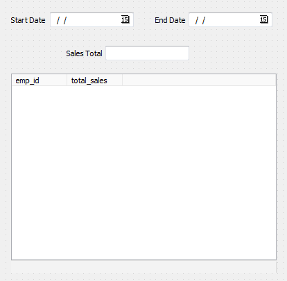 This image shows the form containing start date, end date, and sales total fields for entering data and a multi-column list box for display of query results.